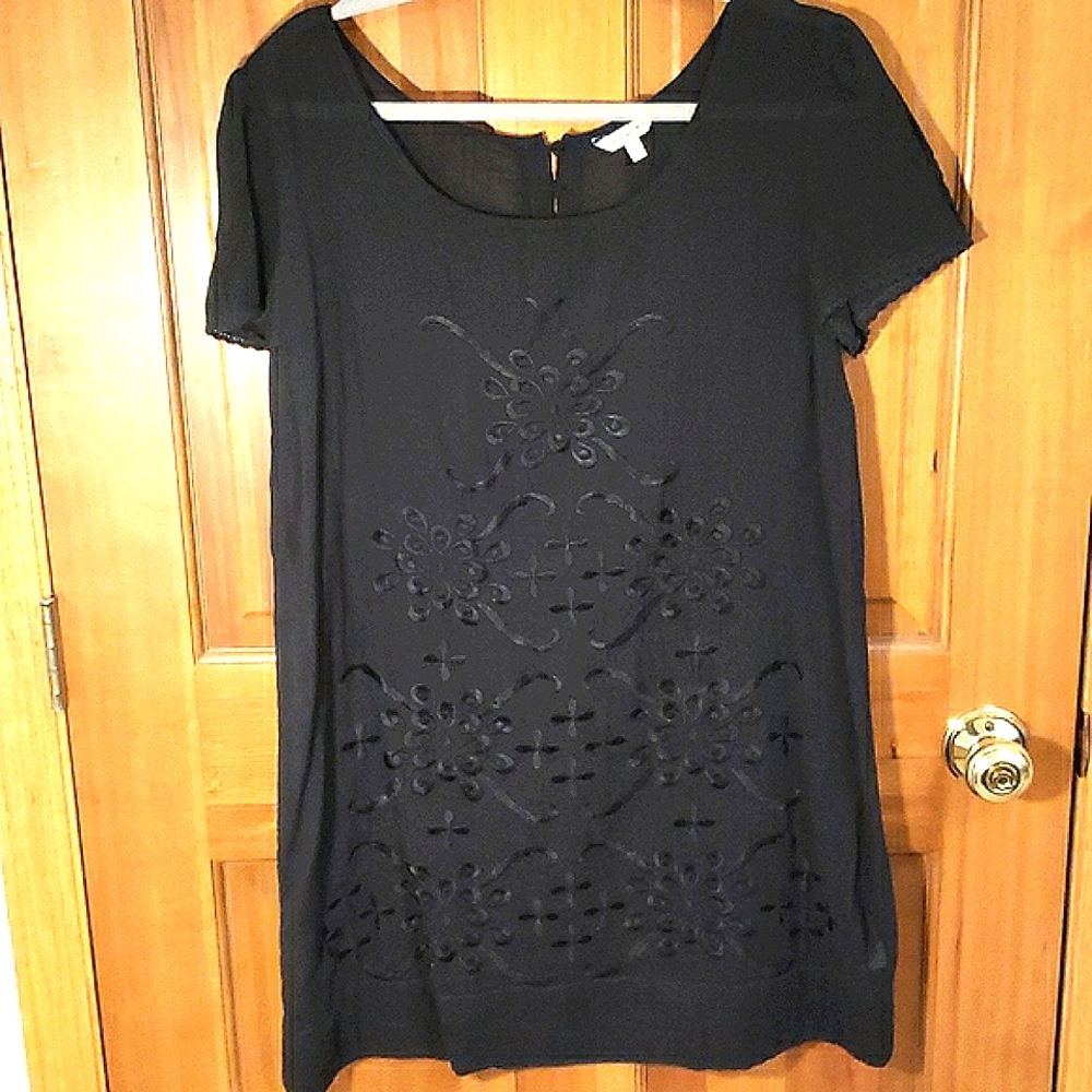 VINTAGE HERITAGE 1981 BLACK BOHO DRESS Linen-like cotton EMBROIDERY DETAIL SZ L